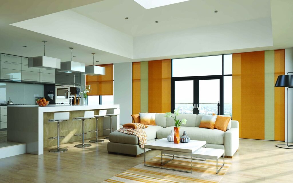 Orange and yellow panel blinds across glazing in an open-plan kitchen