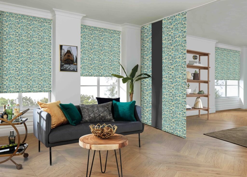 Patterned panel blinds across wide glazing in a living room