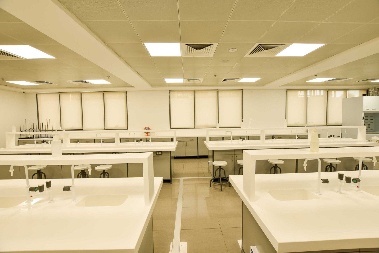 Bright open office with a row of white roller blinds above the desks