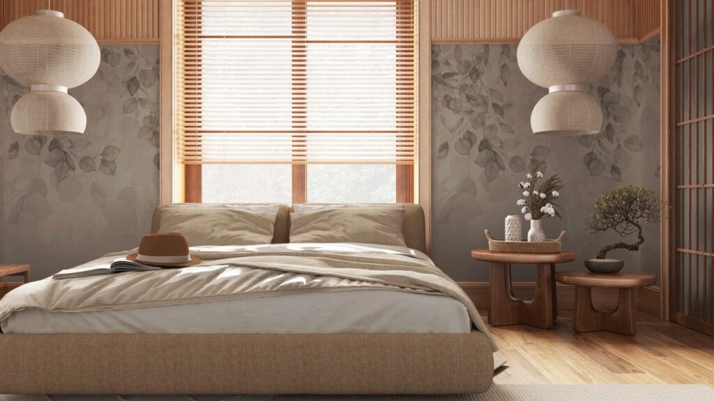 Timber-toned Venetian blind behind a bed with paper lanterns