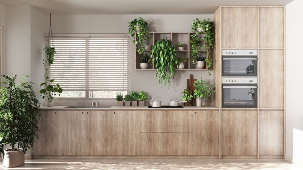 Venetian blind above a timber kitchen with trailing plants