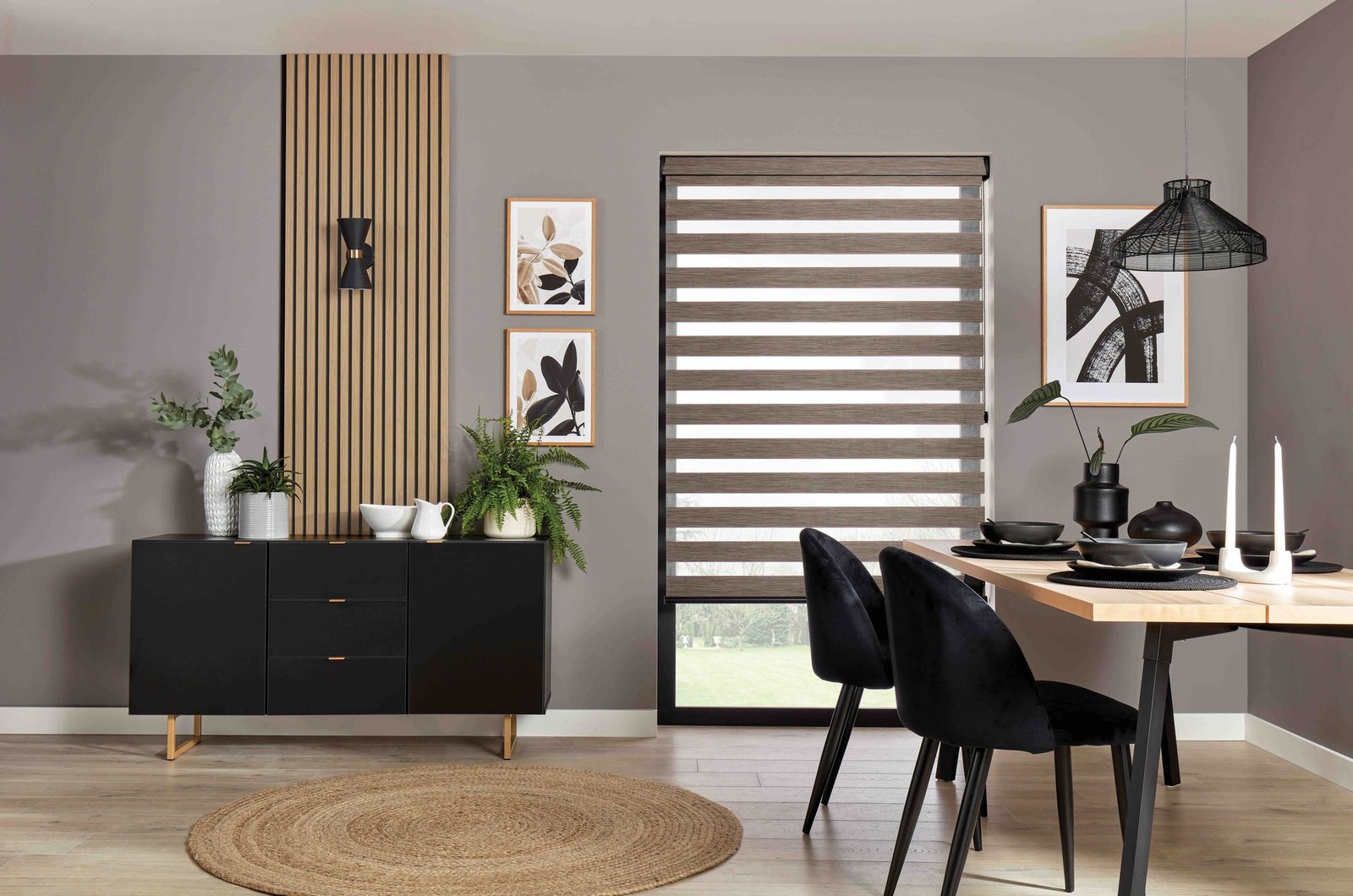 Vision blind with alternating sheer and solid bands in a living room with a timber panel wall