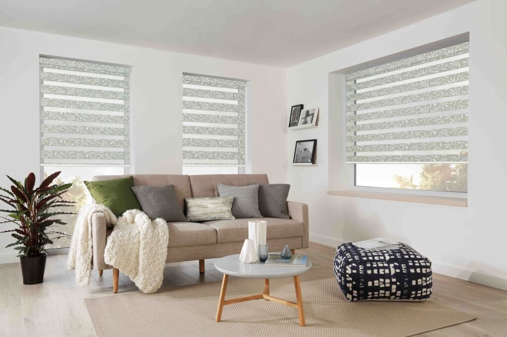Sage vision blinds in a living room with a low sofa